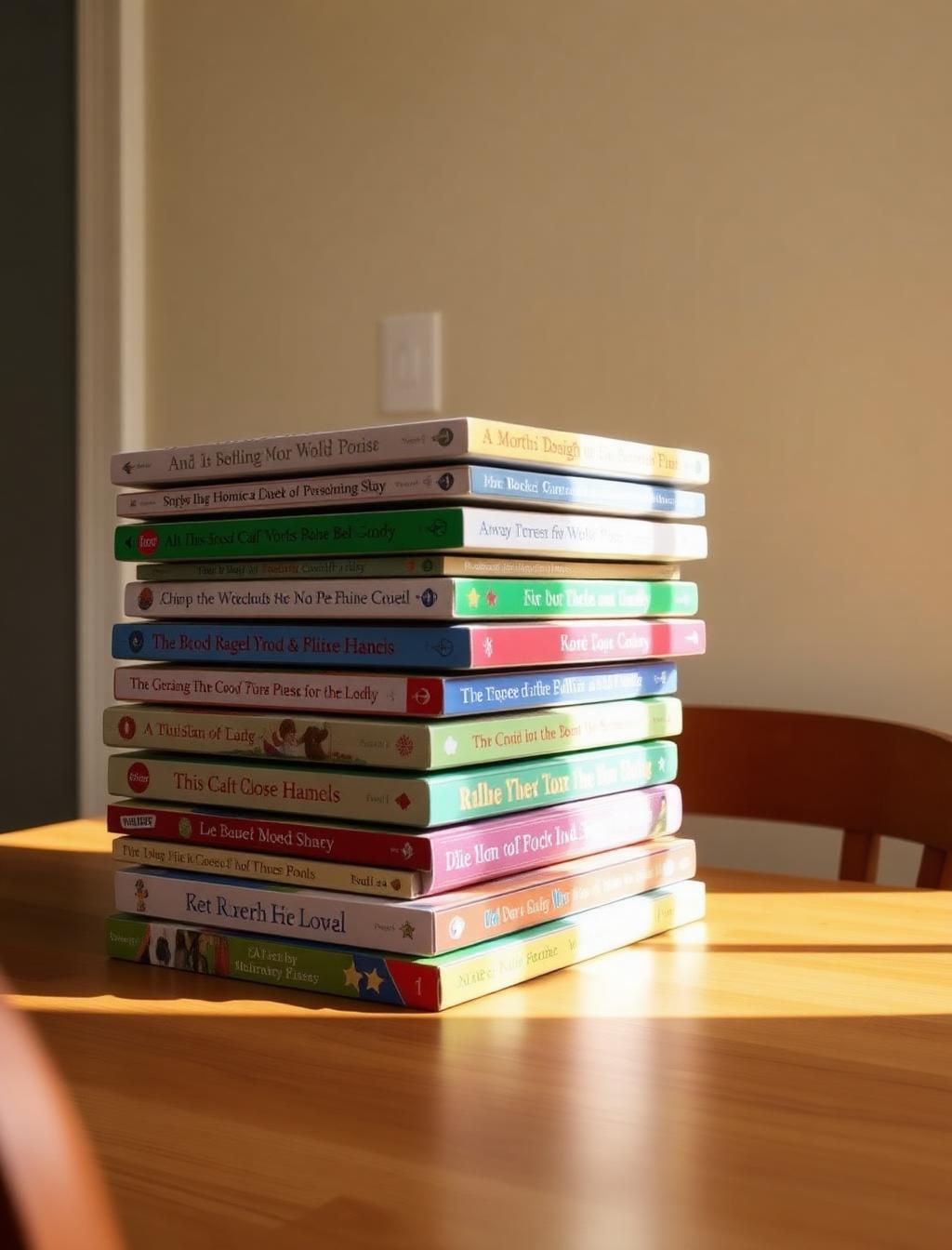 A stack of illustrated children's hardcover books on a wooden table